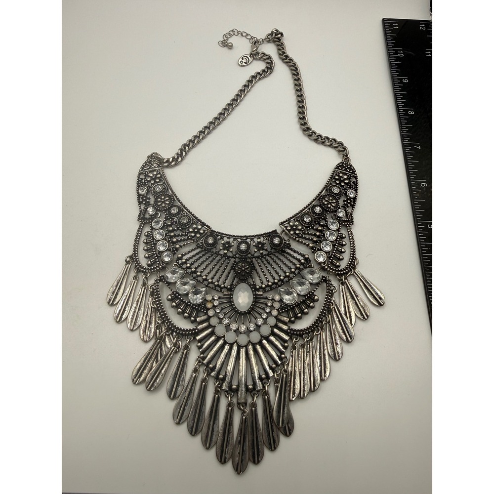 Silver Tone Tribal Bib Necklace Rhinestone Fringe Statement Jewelry Boho Choker